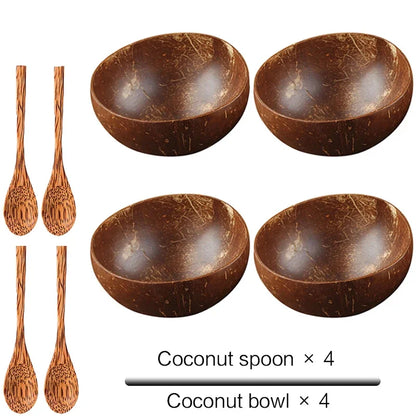 Natural Coconut Bowl with Wooden Spoon – 12–15cm Handmade Tableware for Salad, Dessert, Rice & Ramen