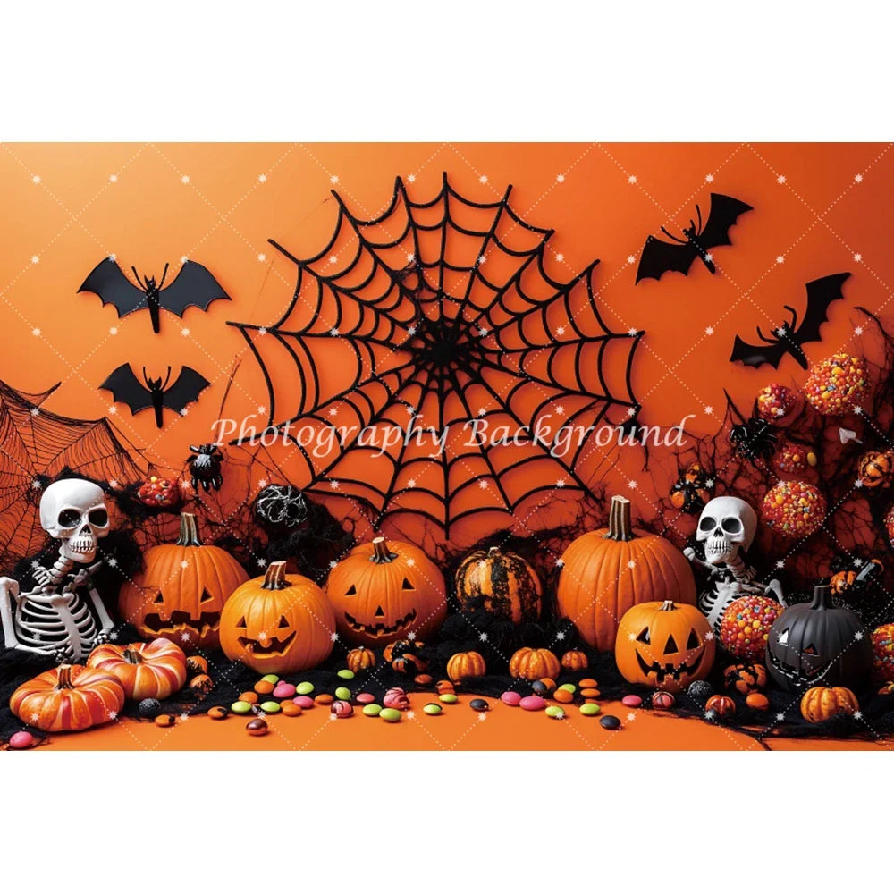 Halloween Orange Pumpkin Skull Spider Web Bat Backdrop – Spooky Photo Background Decoration