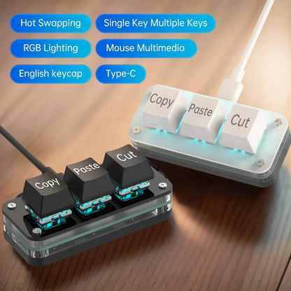 RGB 3-Key Mini Macro Keyboard — Hotswap Keypad for Photoshop, Gaming & Programming
