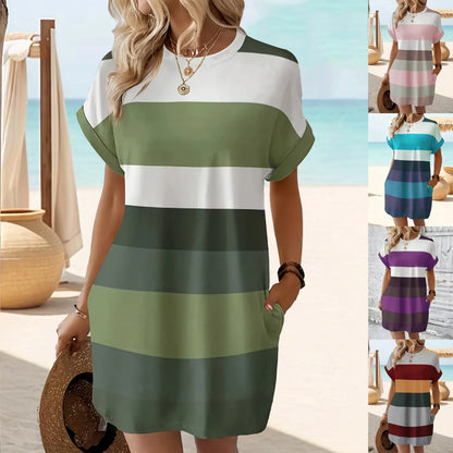Plus Size Women’s Chic Striped Casual Dress – Roll-Up Sleeves, Pockets, Comfortable Everyday Wear