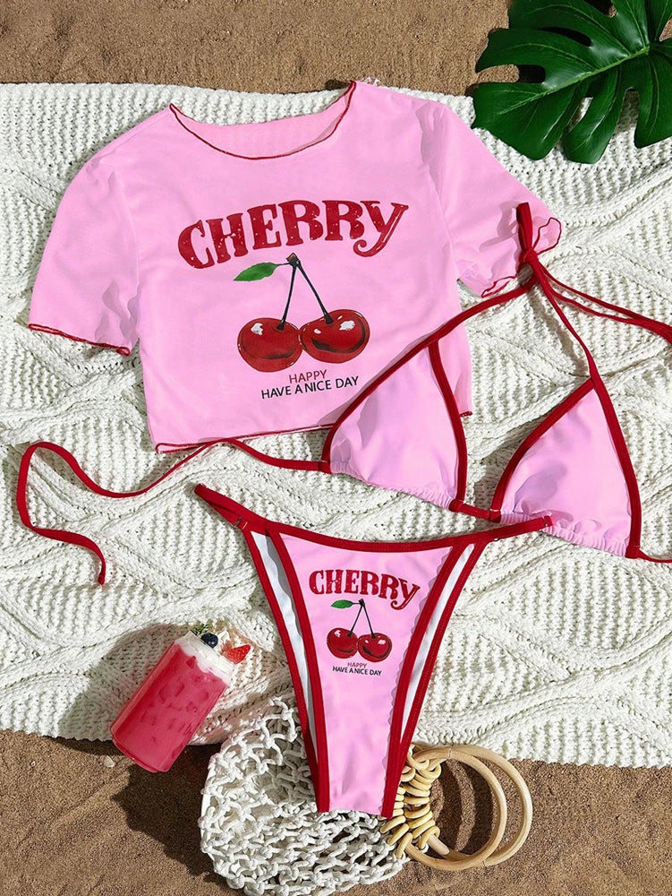 Women’s Cherry Print Halter Bikini Set – Sexy 3 Piece Dark Blue Beach Swimsuit 2026