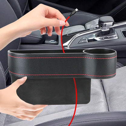 Car Seat Gap Organizer – Leather Auto Crevice Storage Box with Cup & Phone Holder, USB Option