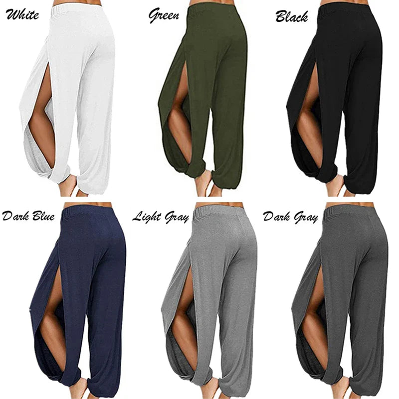 Women's Fashion Yoga Pants: High-Waisted Slit Wide Leg Harem Pants - Gym Leggings for Casual Solid Hollow Workout