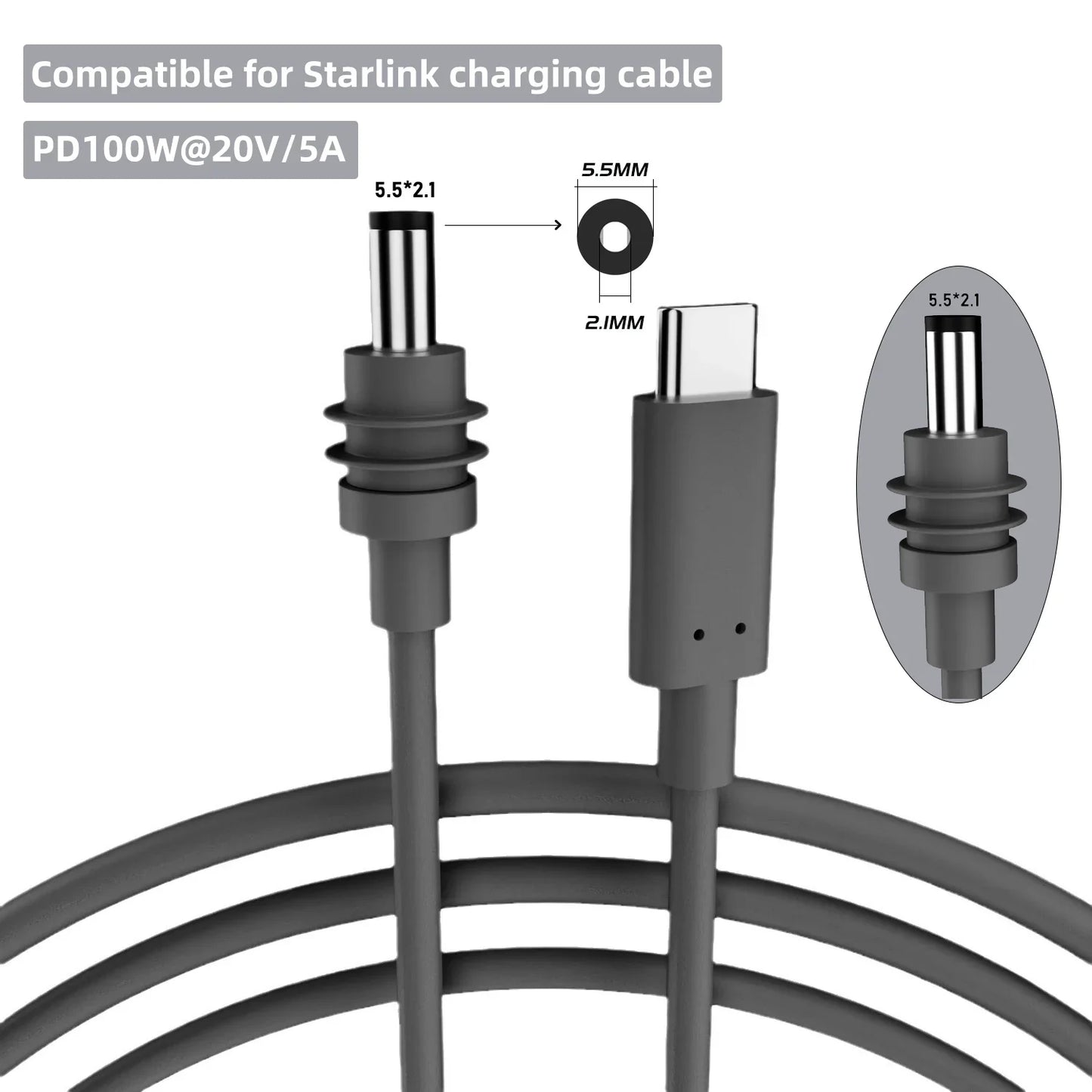 Starlink Mini 2M (6.6ft) DC Power Type-C Replacement Cable – Waterproof Outdoor Barrel Jack Charging Cable