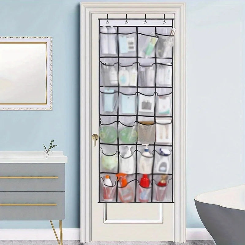 24-Grid Wall-Mounted Shoe Organizer – Fabric Closet Storage Rack with Mesh Pockets, Clear Hanging Over-the-Door Cloth Bag
