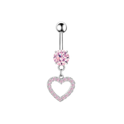 Pink Crown Belly Button Ring – Stainless Steel Heart Navel Piercing Barbell with Crystal for Women & Girls