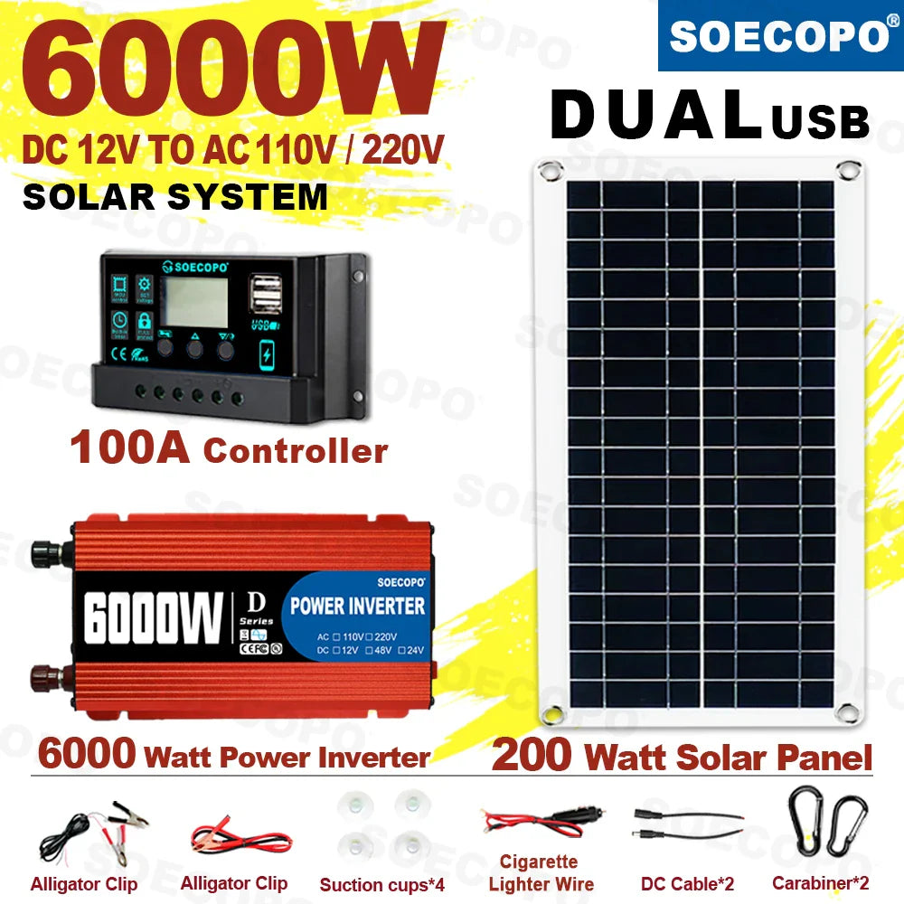 6000W Solar Power System Complete Kit – 12V to 110V/220V Off-Grid Setup with 100A Controller, 300W Panel & Inverter for Home & Camping Backup