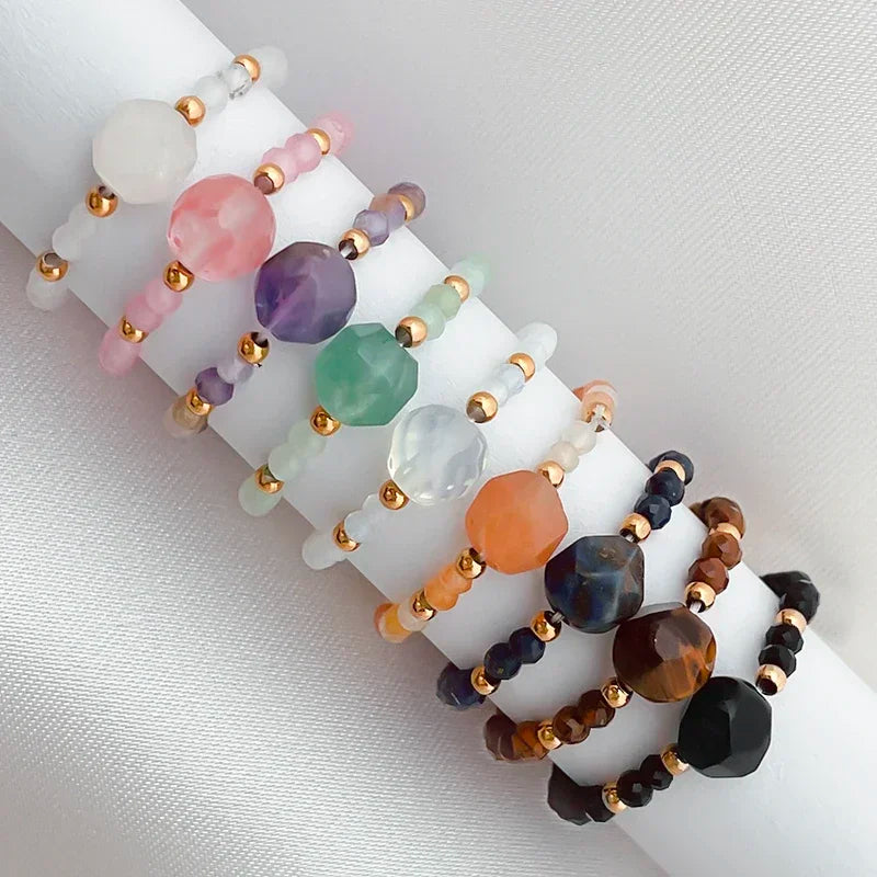 Natural Stone Beaded Rings for Women – Crystal Stainless Steel Elastic Handmade Fashion Ring Jewelry for Wedding & Party Wear