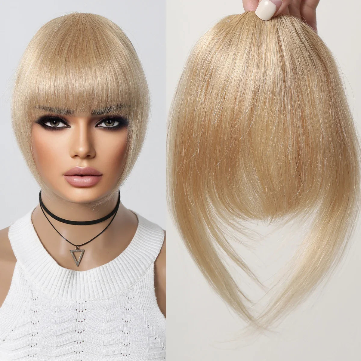 Clip-In Bangs for Women - 100% Human Hair, Thick French Natural Black Brown Hairpieces with Temples