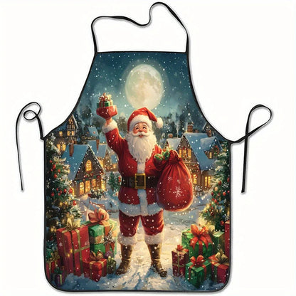 Christmas Apron – Santa Claus Snow Village Design with Moon, Festive Baking Apron for Holiday Cooking