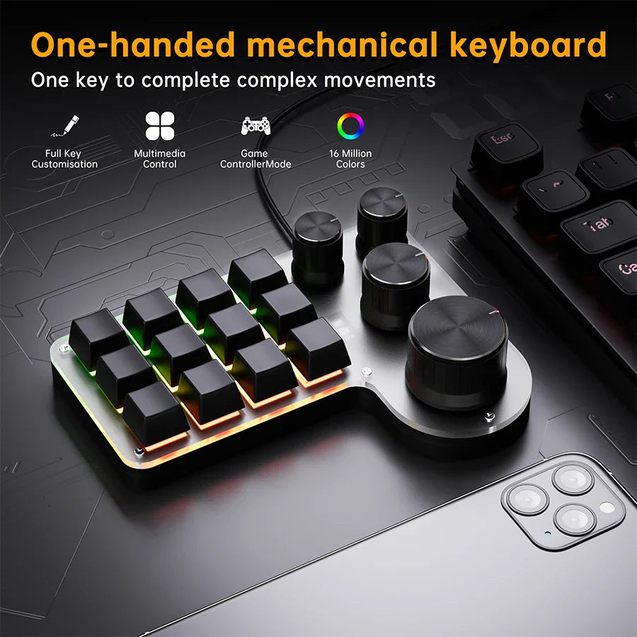 12-Key 4-Knob RGB Programming Macro Keyboard – Hot Swappable Mechanical Gaming Macropad for Photoshop, Editing & Custom Shortcuts