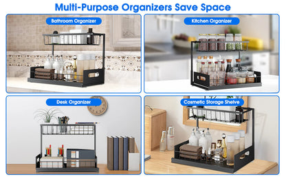 Under Sink 2-Tier Sliding Cabinet Organizer — Pull-Out Basket Drawer for Bathroom & Kitchen Storage