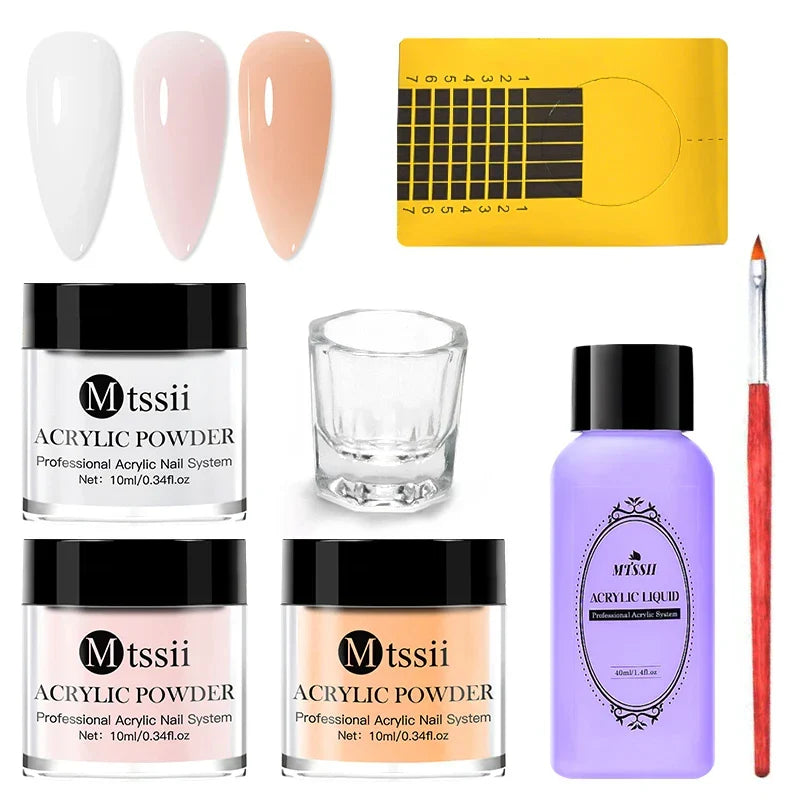 Nail Crystal Powder Kit – Acrylic Liquid Set with Pink & White Powder, Nail Brush for Extension & Carving, Beginner Set