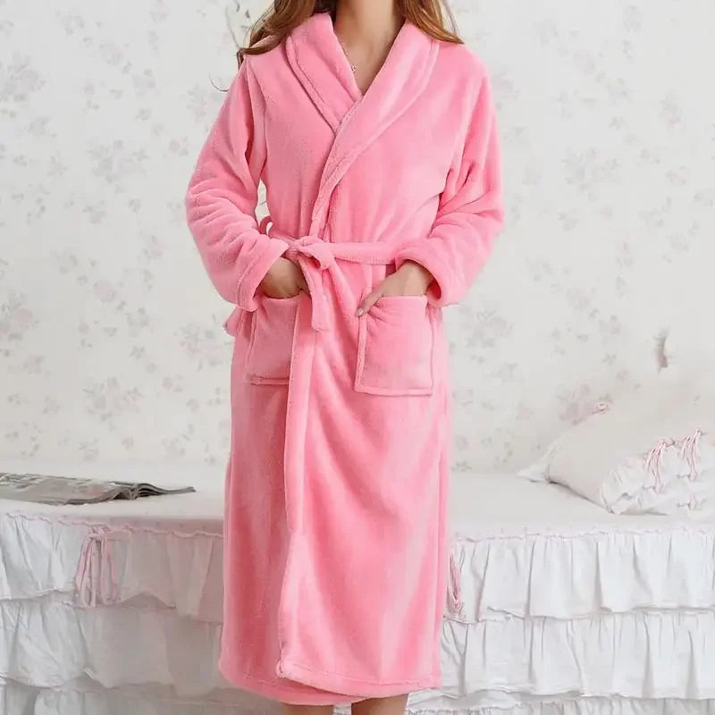 Coral Fleece Long Robe Kimono – Warm Flannel Winter Bathrobe, Casual Sleepwear & Homewear