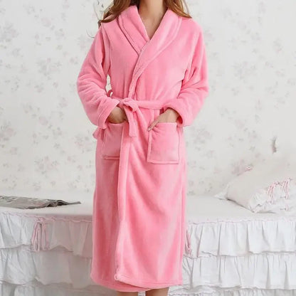 Coral Fleece Long Robe Kimono – Warm Flannel Winter Bathrobe, Casual Sleepwear & Homewear