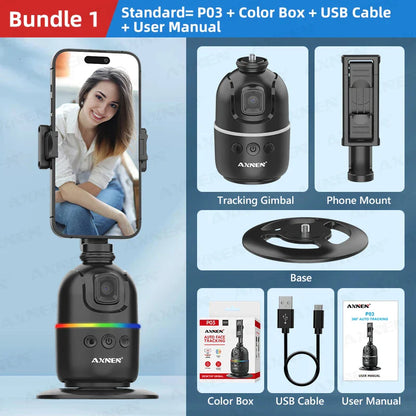 Smart Auto Face Tracking AI Gimbal – 360° Desktop Vlog Stabilizer for Smartphone & Action Camera (Tripod Optional)