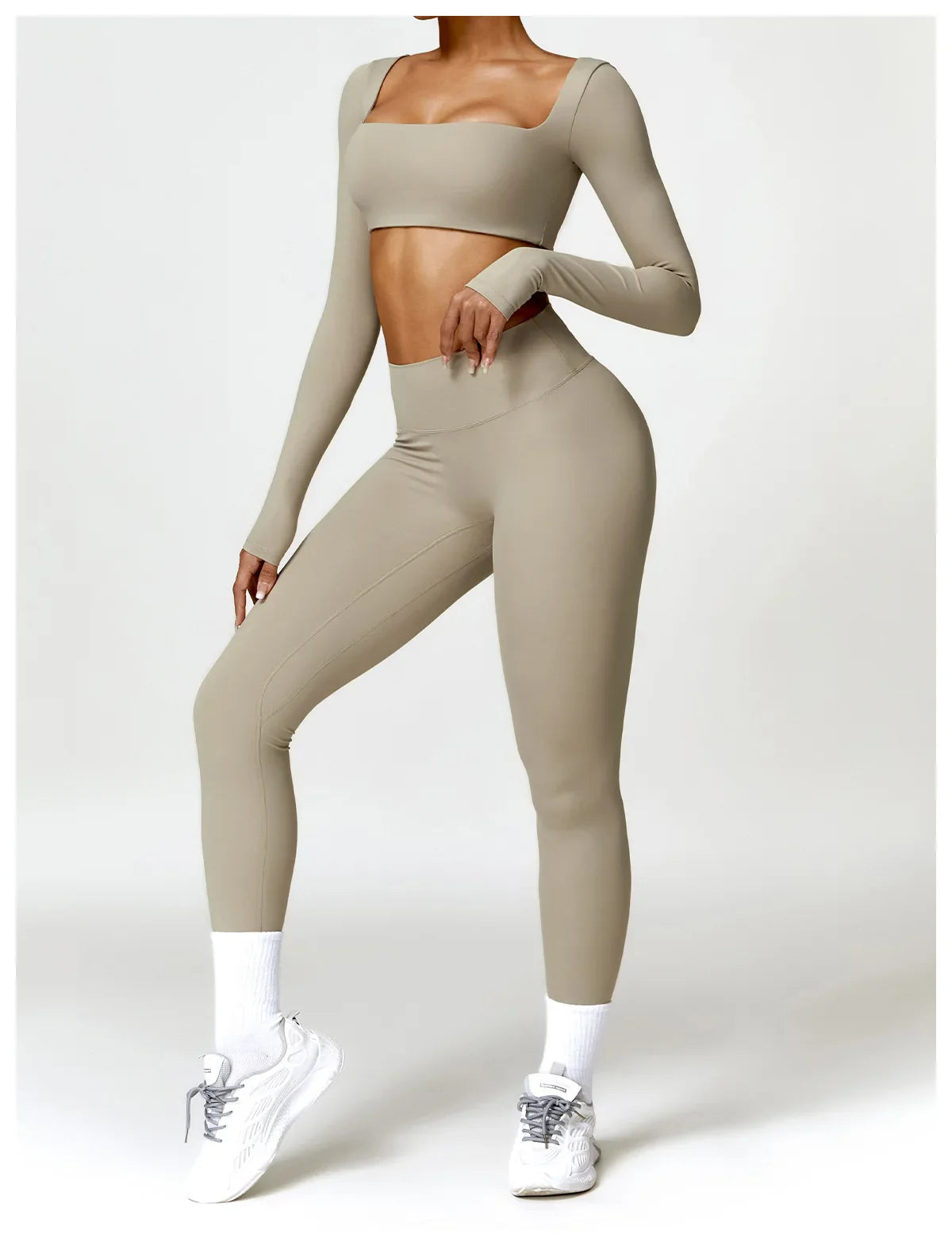 Hearuisavy 2PCS Long Sleeve Gym Set for Women, Quick-Drying Yoga Clothes, Sportswear, Running Leggings, Workout Sports Crop Top