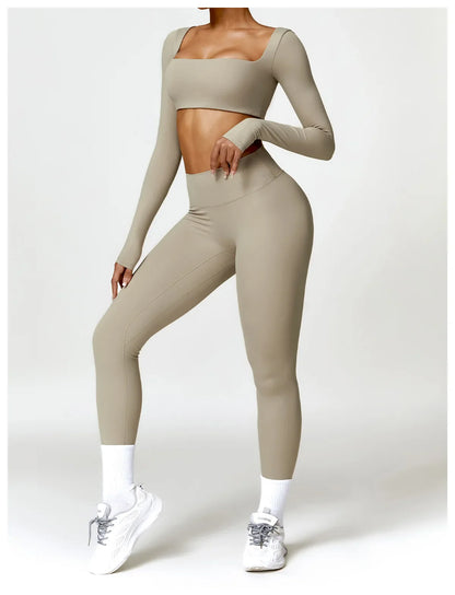 Hearuisavy 2PCS Long Sleeve Gym Set for Women, Quick-Drying Yoga Clothes, Sportswear, Running Leggings, Workout Sports Crop Top