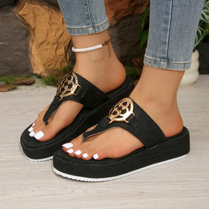 Women's Floral Platform Slippers - Flat Outdoor Summer Beach Slides with Comfortable Casual Design