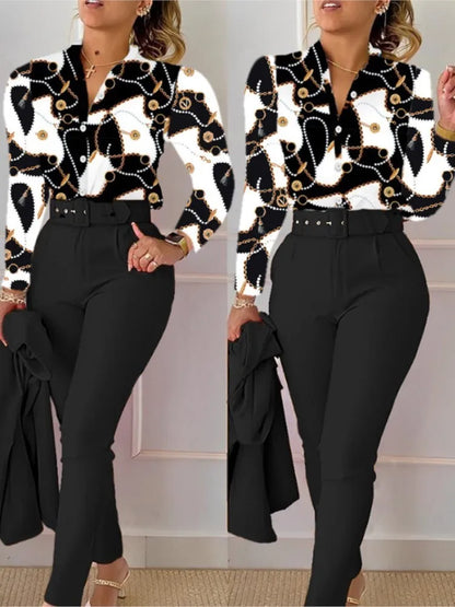 Women’s Autumn Winter Two-Piece Set – Stand Neck Floral Shirt & Pants with Belt, Elegant Casual Outfit