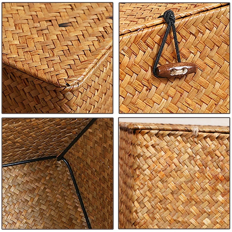 Hand-Woven Seaweed Storage Basket with Lid - Multi-Purpose Sundries Organizer, Cosmetic, Toy, and Clothes Container