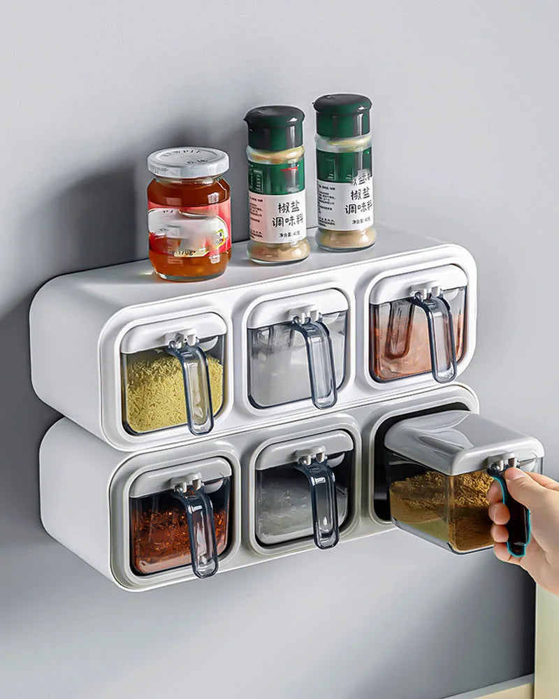 Kitchen Wall Mount Spice Rack Organizer Set - Spice Boxes, Sugar Bowl, Salt Shaker, and Seasoning Container for Efficient Storage