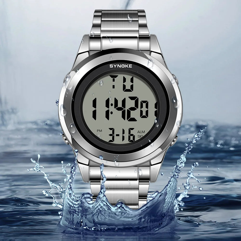 Men's Top Luxury Sports Watch – Stainless Steel Strap, Waterproof Digital Wristwatch with Backlight & Alarm
