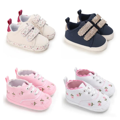 Baby Girl Pre-Walker Shoes - Floral Embroidery Bow Princess Sneakers, Soft Sole Casual Footwear 0–18M