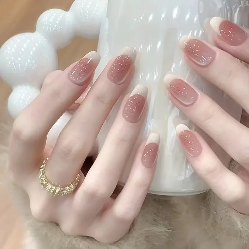 24pcs Goldfish Pattern Almond Press-On Nails – Simple Nude Pink Wearable Detachable False Nail Manicure Set