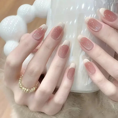 24pcs Goldfish Pattern Almond Press-On Nails – Simple Nude Pink Wearable Detachable False Nail Manicure Set