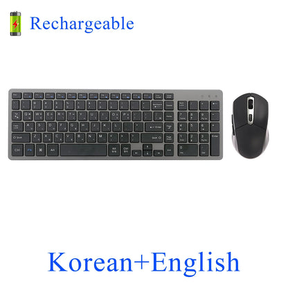 Wireless Keyboard and Mouse Combo – Rechargeable Slim Set with Russian, Hebrew, Korean, English Keycaps & Silent Mouse