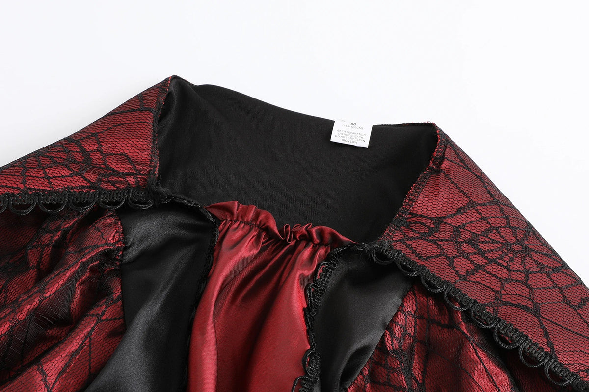 Girls Vampire Queen Costume - Black & Red Vintage Long Dress with Collar for Halloween & Cosplay