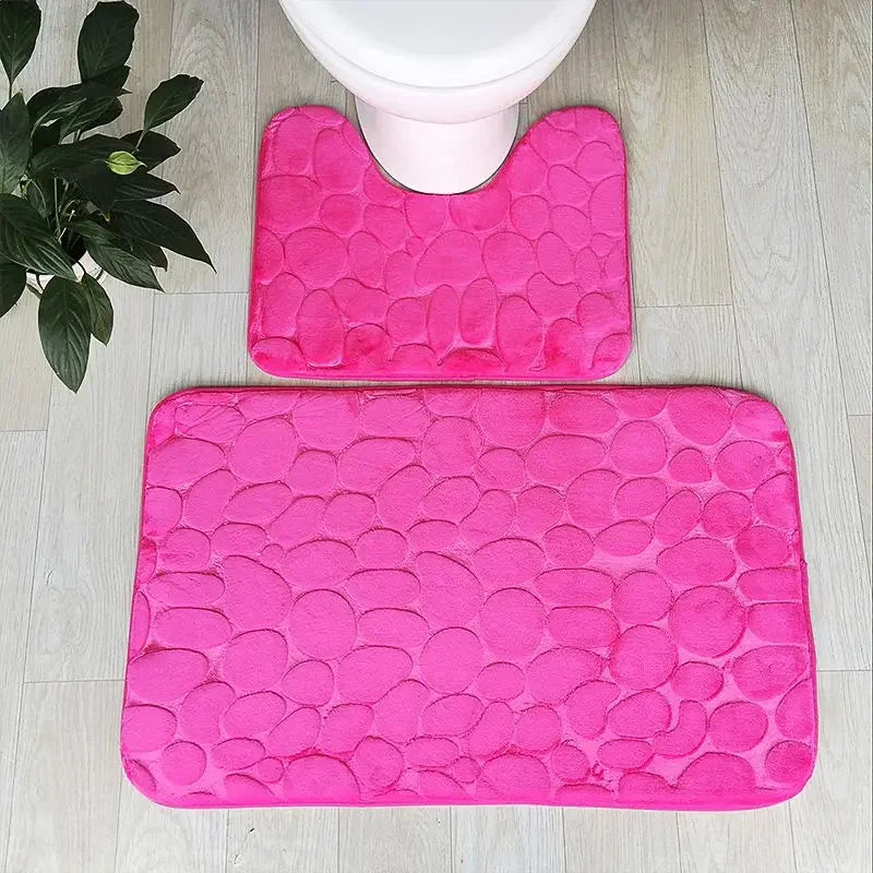 2PC Set Funnel Cobblestone Anti-Slip Bathroom Mat - Toilet Rug, New Bath Mat Set