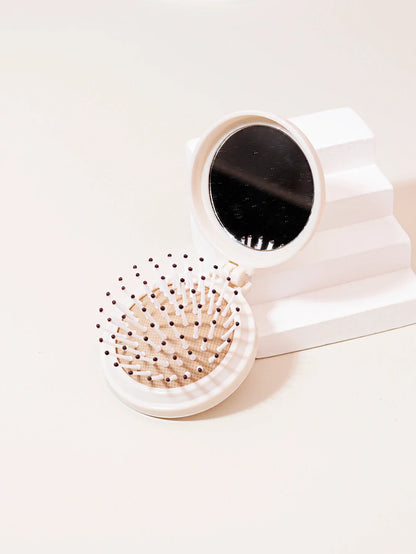 Mini Folding Head Massager & Mirror – Anti-Static Styling Comb for Wigs, Portable Travel Hair Brush