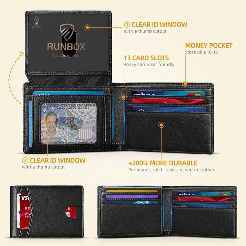 Men's Ultra-Thin RFID Leather Wallet – Carbon Fiber Design with ID Window & Multi Card Slots
