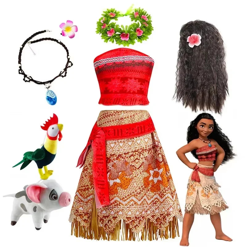 Disney Moana Princess Dress Costume Set - Kids Girls Vaiana Cosplay with Headwear, Necklace & Pet Accessories