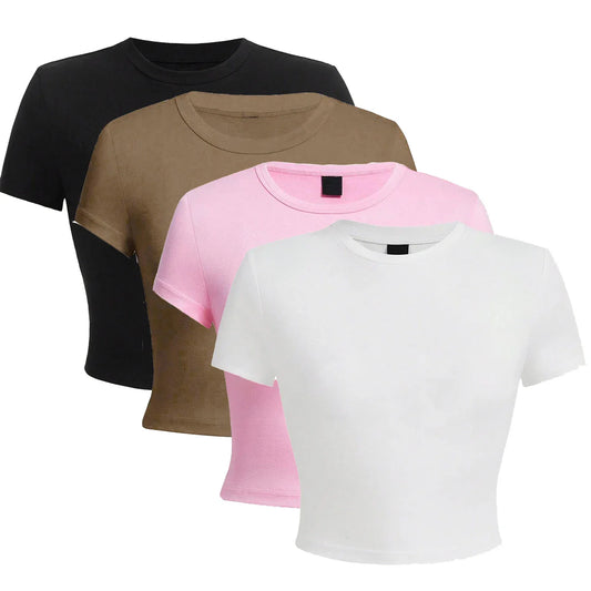 Y2K Women’s Solid Cotton Crop Top – Short Sleeve, High-Elastic O-Neck T-Shirt for Summer Streetwear & Sporty Fashion