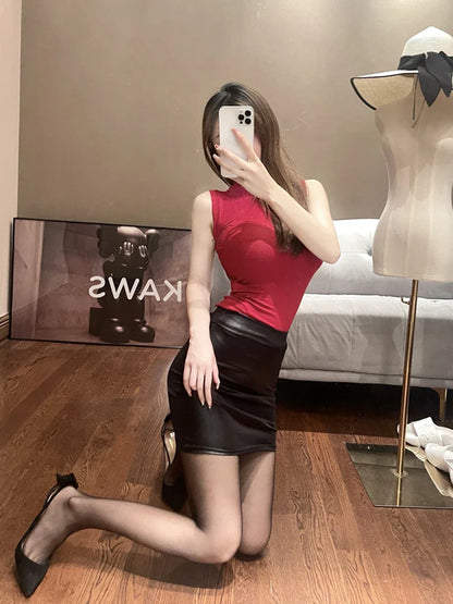 WOMENGAGA Leather Matte Slim Mini Skirt - High Waist, Sexy Fashion PU Skirt for Nightclub & Streetwear