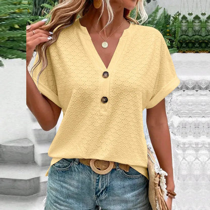 2023 Women's Jacquard V-Neck Blouse – Casual Button-Up, Loose Fit Short Sleeve Oversized Summer Shirt