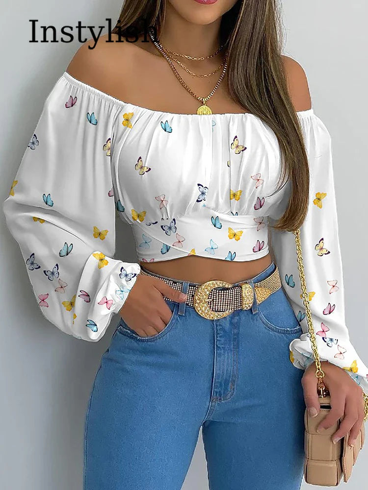 Elegance Redefined: Women's Sexy Off-Shoulder Printing Blouses - Chic Lantern Long Sleeve Lace-Up Bow Cropped Tops, Casual Slim Shirts