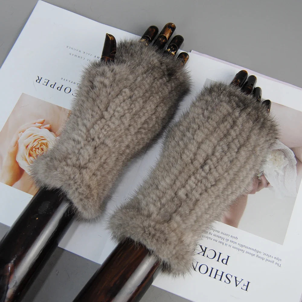 Women’s Winter Mink Fur Gloves – 100% Natural Fingerless Knitted Mittens for Warmth