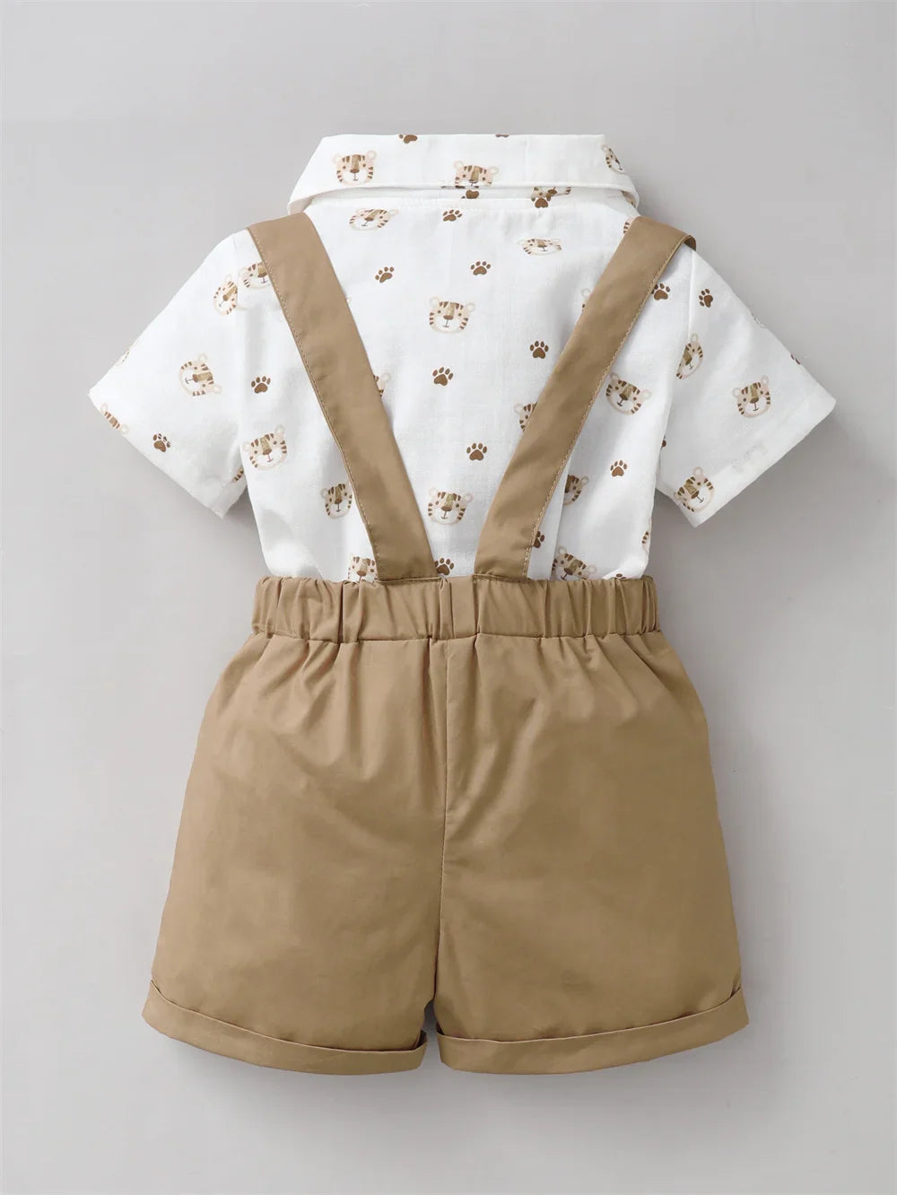 Infant Boy Outfit – Tiger Print Short Sleeve Shirt & Strap Shorts with Bow, Casual Birthday Party Suit (0-2 Years)