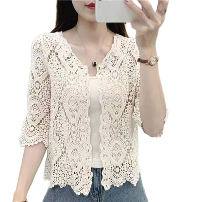 Women's Knit Lace Shrug – Hollow Crochet Floral 3/4 Sleeve Open Front Crop Cardigan F3MD