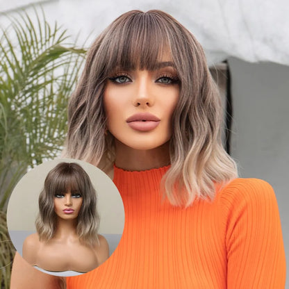 Women’s Grey Wavy Bob Wig with Bangs — Short Blonde Ombre Synthetic Hair with Dark Roots for Daily Wear