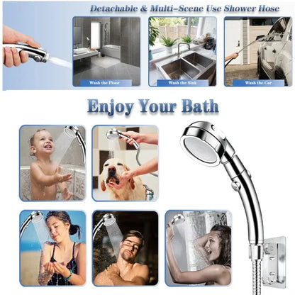 360° Rotating Handheld Shower Head – 3 Spray Modes with ON/OFF Pause Switch & Adjustable Water-Saving Design