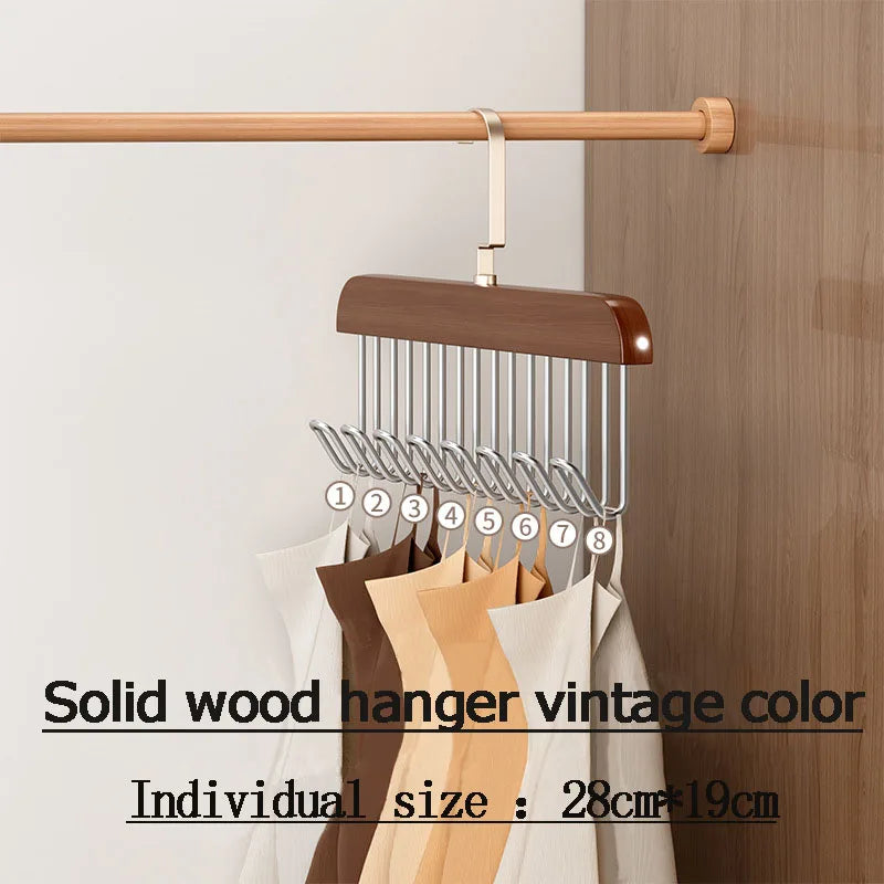 I KNOW 8-Hook Wood Clothes Hanger – High-Quality, Strong, Non-Slip Multi-Function Hanger for Caps, Belts & Household Use