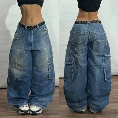 Streetwear Multi-Pocket Baggy Jeans – Y2K Hip-Hop Harajuku High-Waist Wide Pants for Men & Women