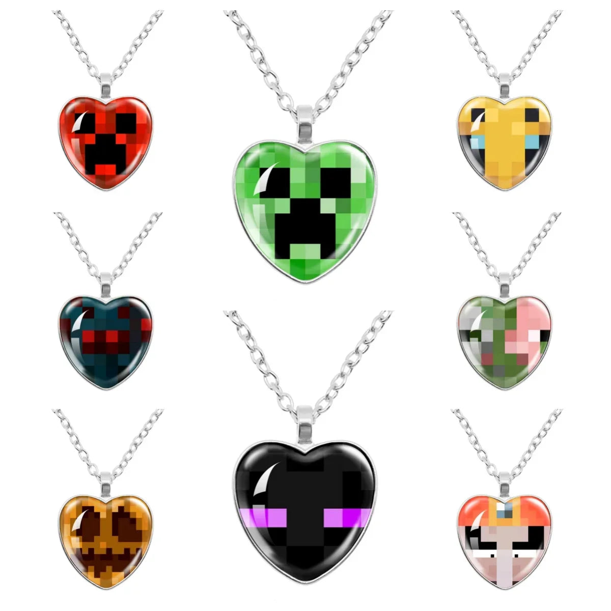 Funny Pixel Block Cartoon Pendant Necklace – 25mm Glass Heart-Shaped Charm, My World Theme Jewelry Gift