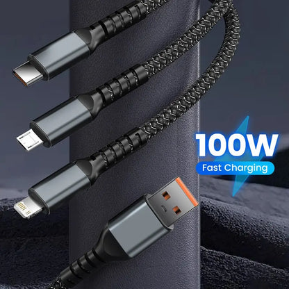 3-in-1 Fast Charging USB to Type-C Micro Charger Cable - 100W, 5A Compatible with iPhone 14, 13, Samsung, Xiaomi, Huawei