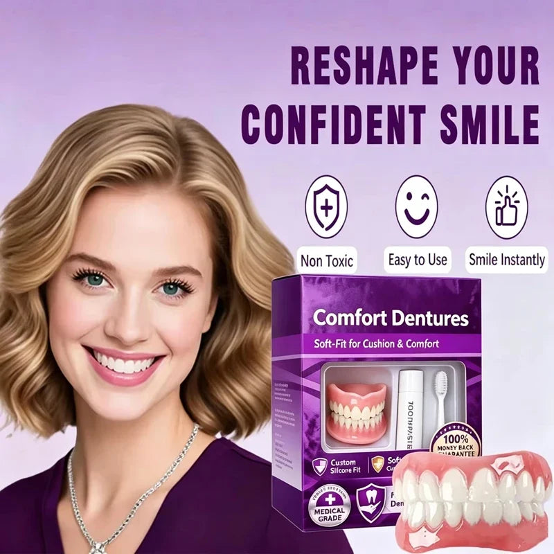 Adult Full Denture Set - Soft Silicone Upper & Lower Cosmetic Teeth for Natural-Looking Smile